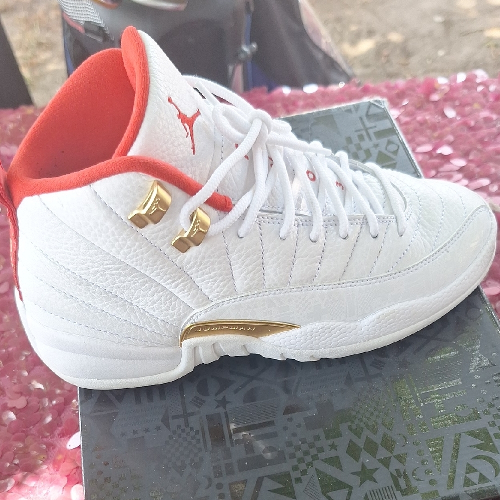 Jordan White and Red Sneakers with Gold Accents